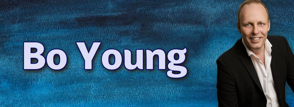 Bo Young blå baggrund og logo